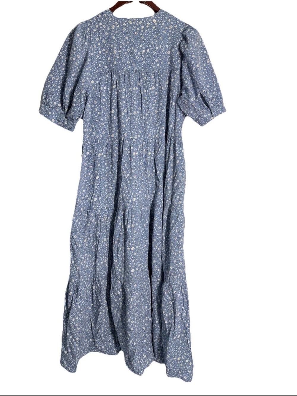 Madewell Midi Dress Embroidered Puff Sleeve Blue Ruffled M Cottage NH076 - Picture 14 of 15